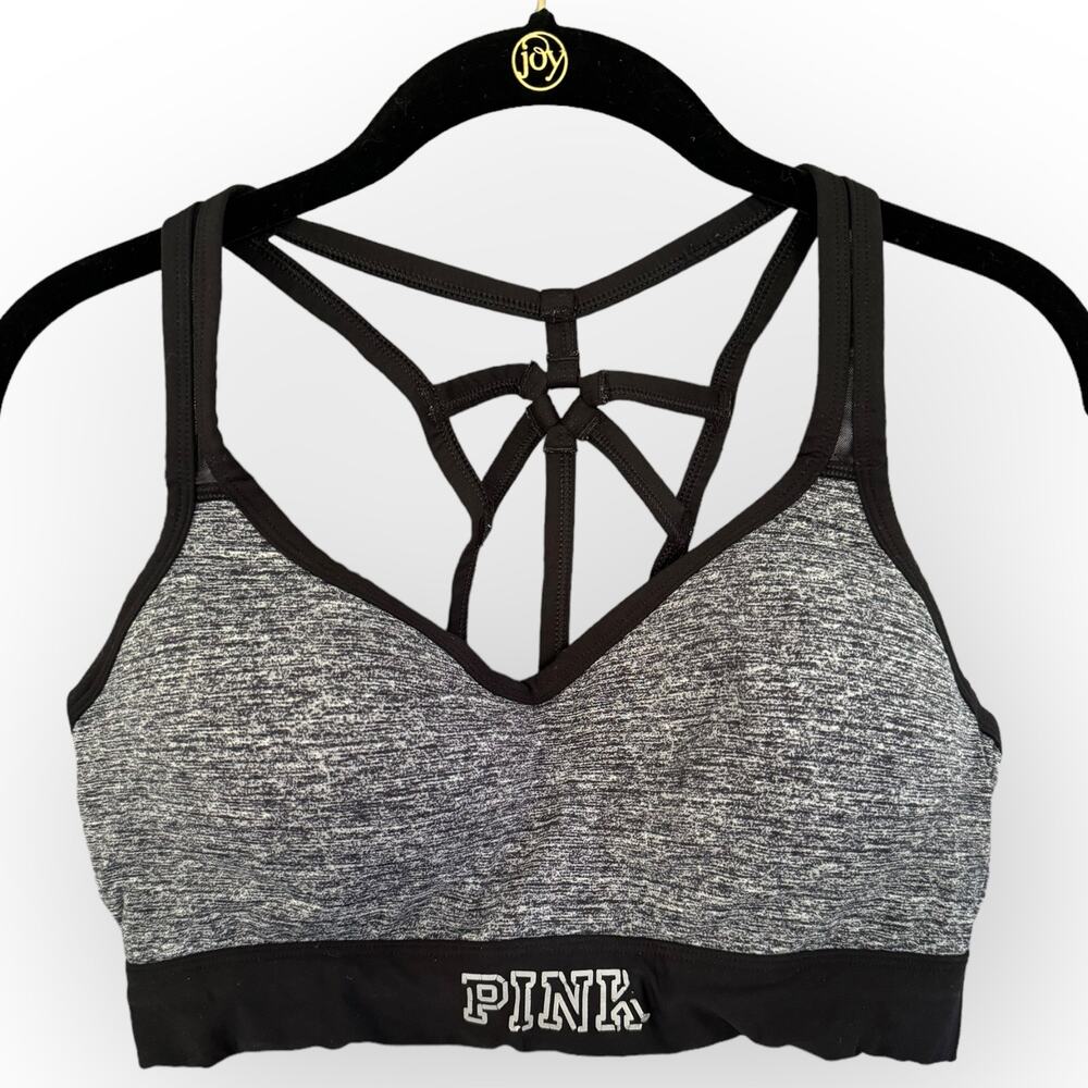 Victorias Secret PINK Logo Sports Bra Charcoal Gray Strappy Back | Sz L [50]